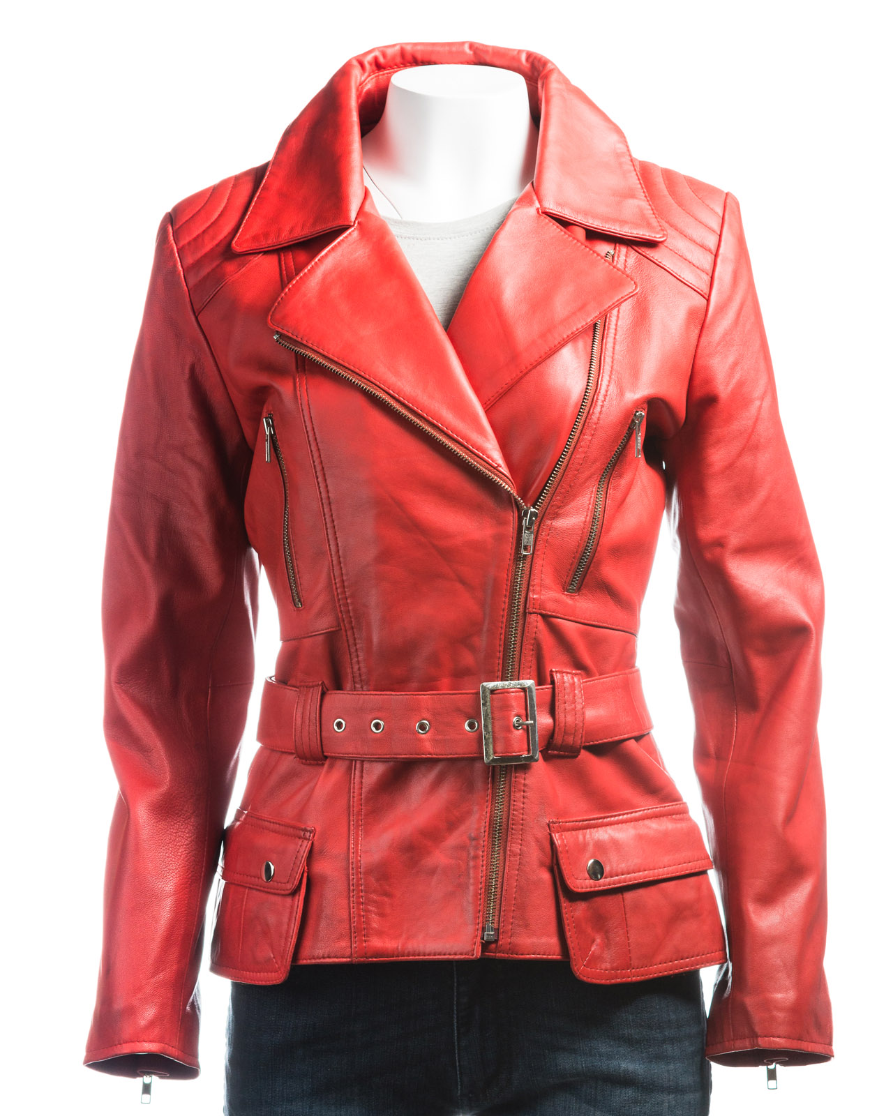 Ladies Red Belted Asymmetric Biker Style Leather Jacket ... (1280 x 1600 Pixel)