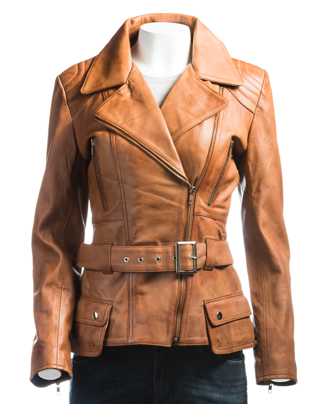 Ladies Tan Belted Asymmetric Biker Style Leather Jacket ... (1280 x 1600 Pixel)