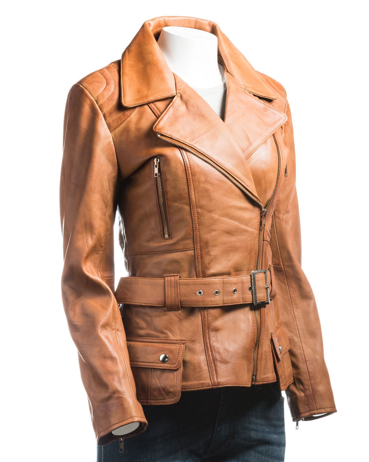 Ladies Tan Belted Asymmetric Biker Style Leather Jacket ... (1280 x 1600 Pixel)