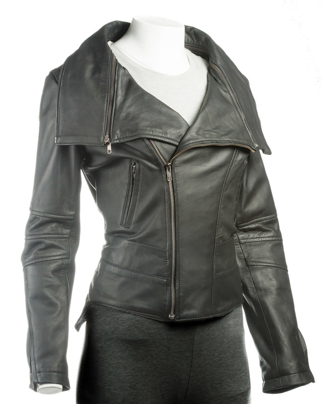 Ladies Black Dual Collar Biker Style Leather Jacket ... (640 x 800 Pixel)
