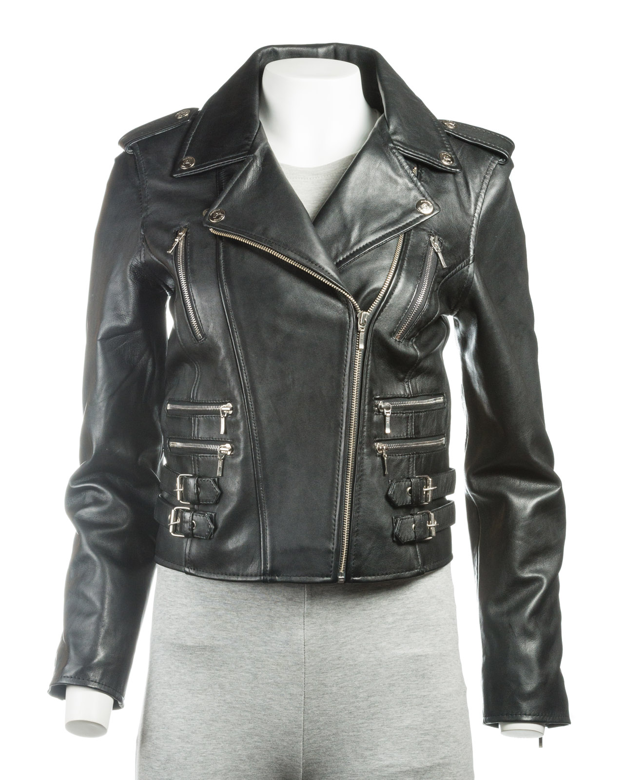 Ladies Black Buckled Asymmetric Biker Style Leather Jacket ... (1280 x 1600 Pixel)