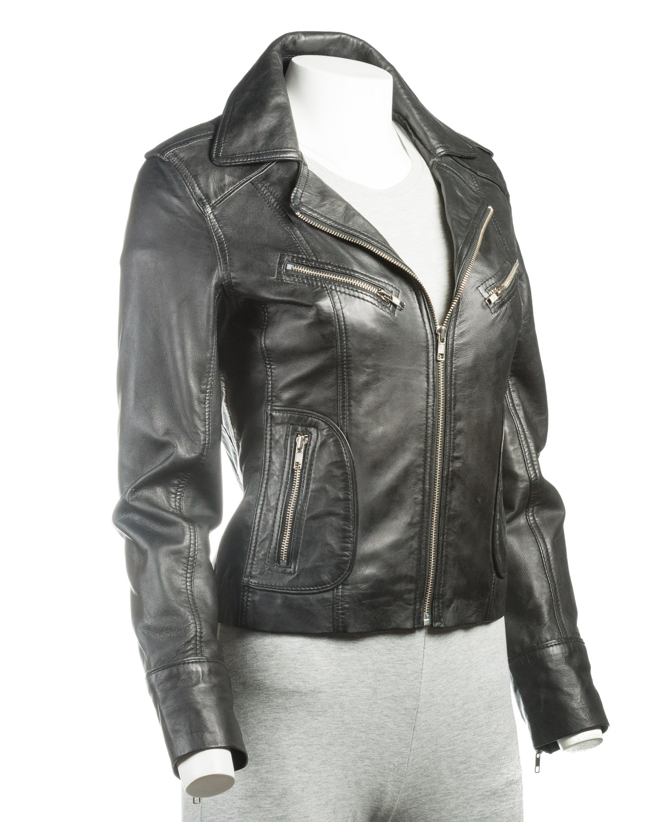Ladies Black Short Biker Style Leather Jacket | Leather Shop (1280 x 1600 Pixel)