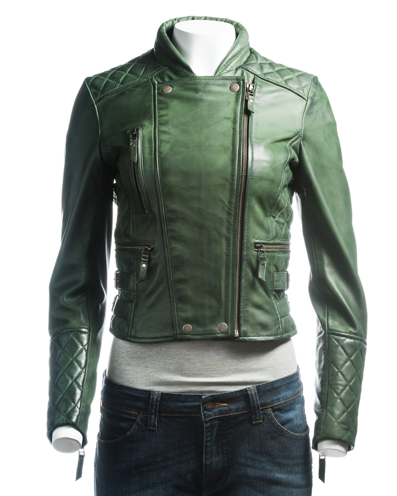 Ladies Green Slim Fit Leather Biker Jacket With Stand-Up ... (1280 x 1600 Pixel)