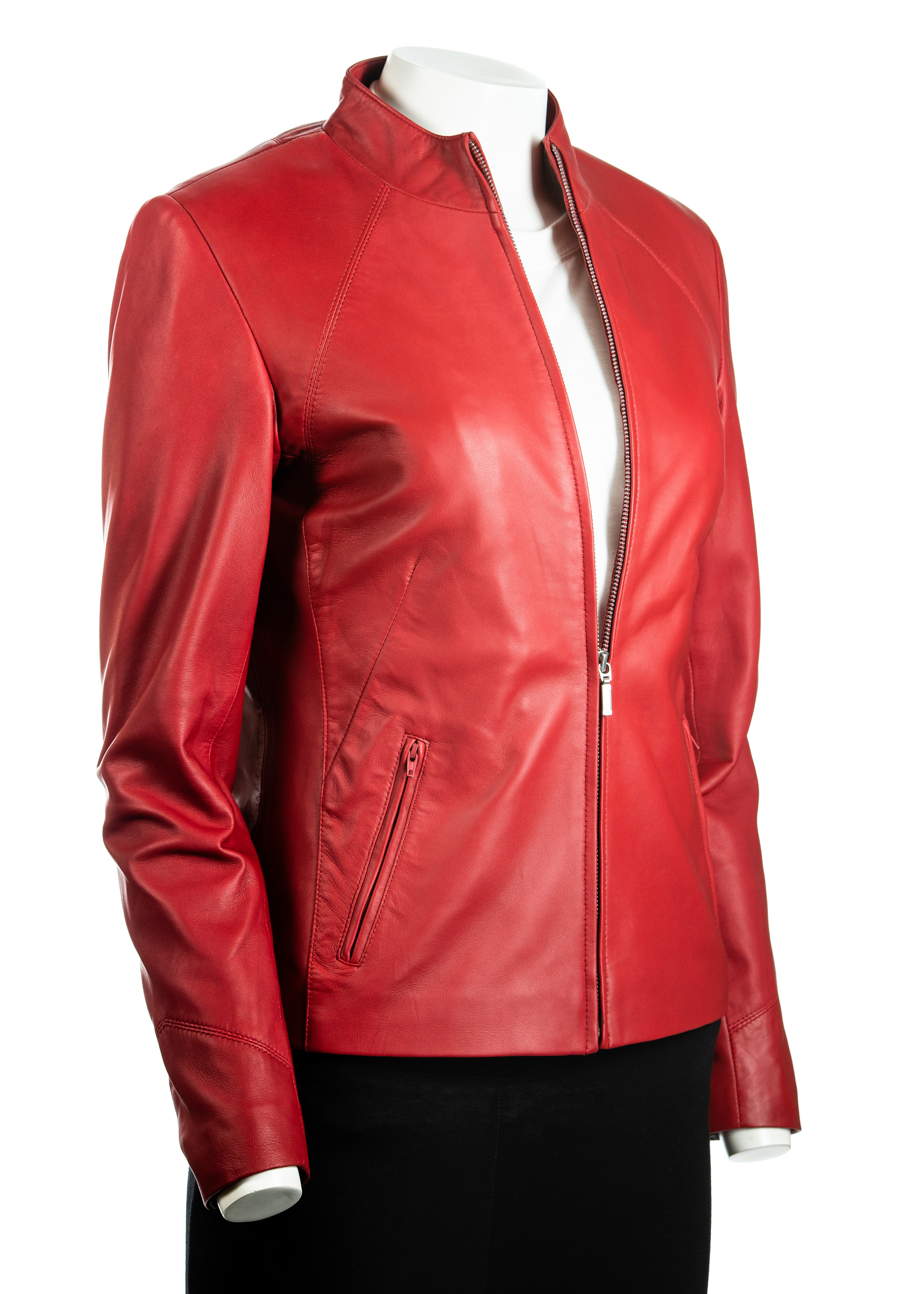 Ladies Red Plain Short Zipped Leather Jacket | Leather Shop (2002 x 2803 Pixel)
