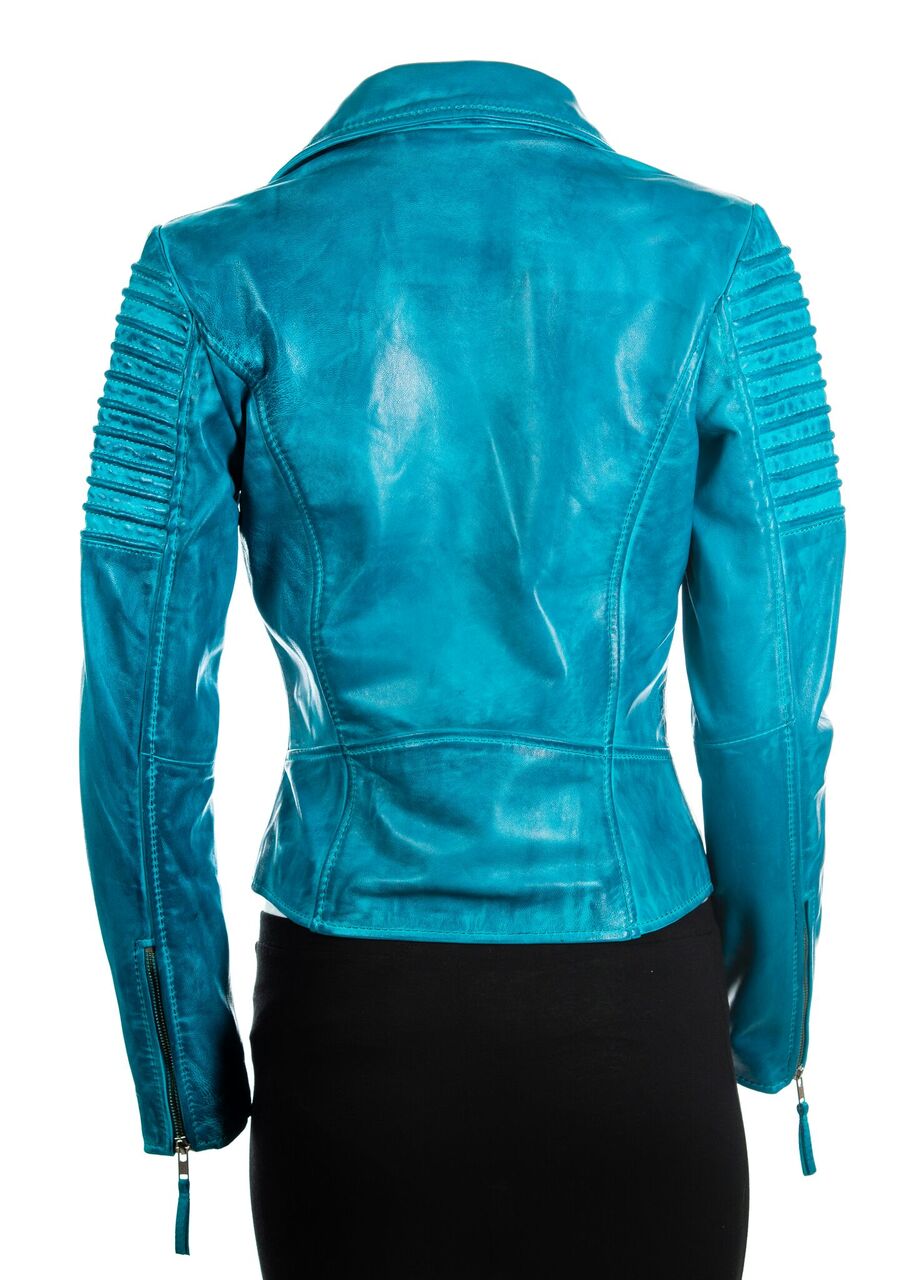 Ladies Turquoise Cross Zip Biker Style Leather Jacket ... (914 x 1280 Pixel)