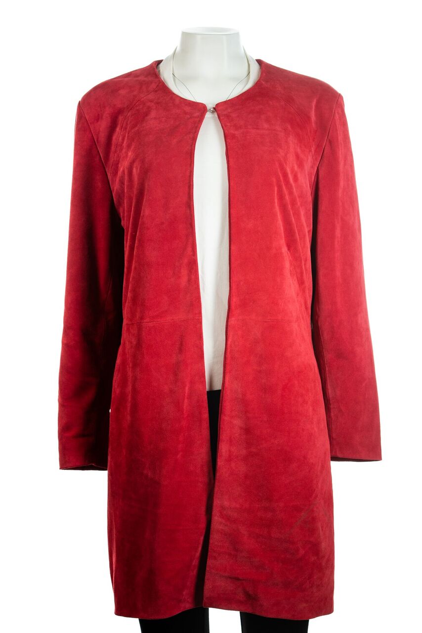 red collarless jacket