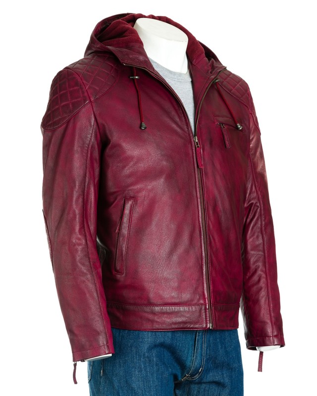 red hooded bomber jacket